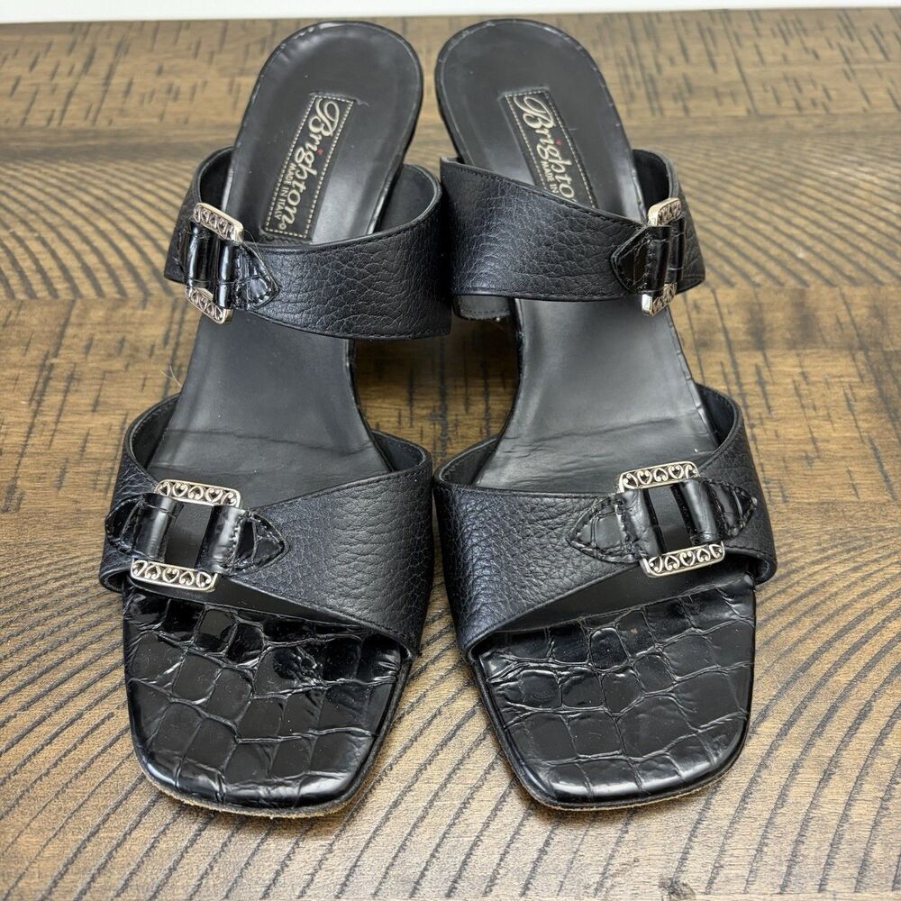 Brighton Tokyo Sandals Heels Size 8M Black Real Leather Croc Embossed Dual Strap